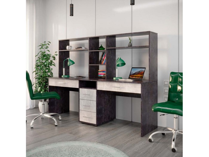 Двойно бюро с надстройка KC-02 (дъб тъмен бетон/дъб бетон)